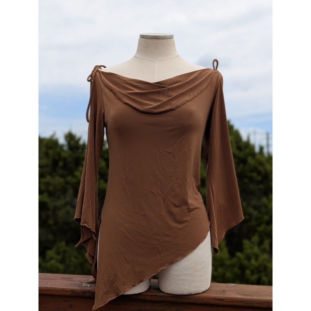 Y2K Fairy Brown Cowl Neck Pointed Bell Sleeve Bow Tie Straps Whimsical Tunic OS
